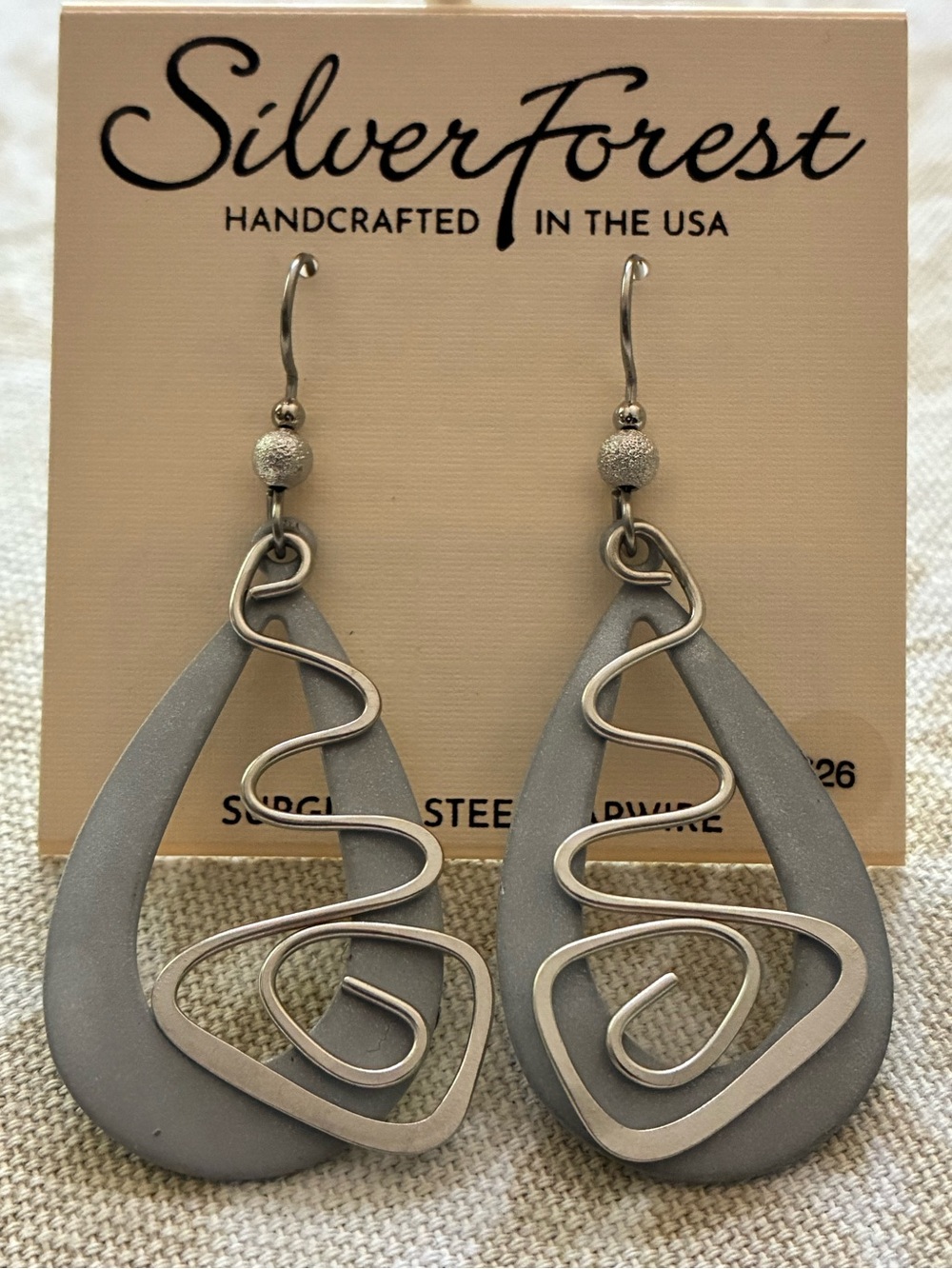 New Silver Forest Earrings Gray SilverTone Teardrop Coil Overlay Surgical Steel